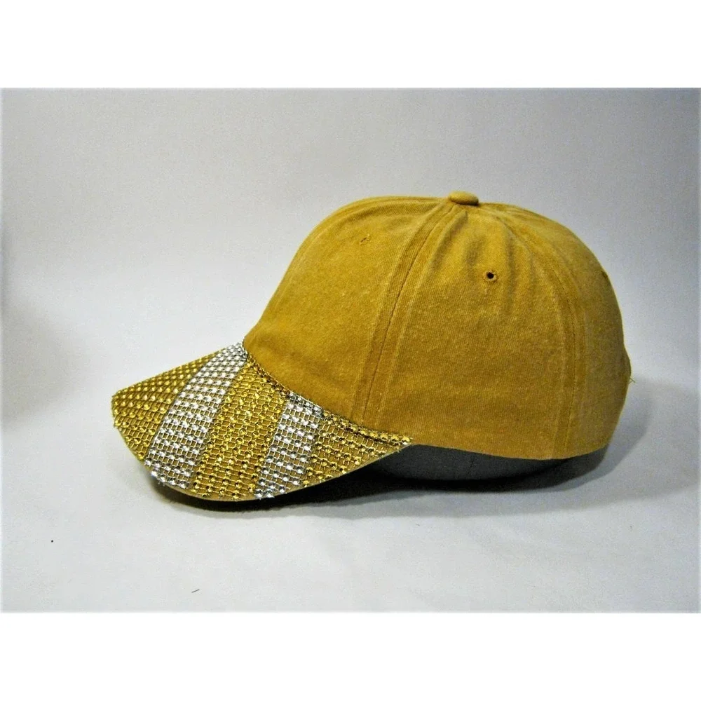 Gold/Yellow Silver Fashion Bling Faded 100% Cotton Streetwear Baseball Cap Hat - Picture 8 of 10